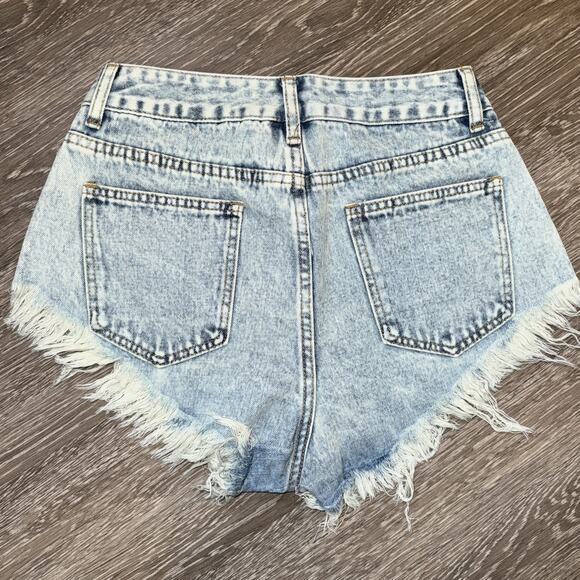 New 4 26 Light Wash Denim Cut Off‎ Fringe High Rise Hot Jean Shorts Frayed - Picture 2 of 2